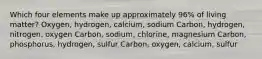 Which four elements make up approximately 96% of living matter? Oxygen, hydrogen, calcium, sodium Carbon, hydrogen, nitrogen, oxygen Carbon, sodium, chlorine, magnesium Carbon, phosphorus, hydrogen, sulfur Carbon, oxygen, calcium, sulfur