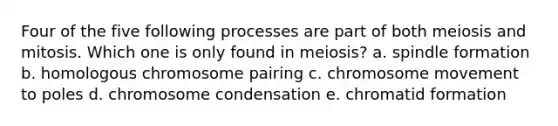 Four of the five following processes are part of both meiosis and mitosis. Which one is only found in meiosis? a. spindle formation b. homologous chromosome pairing c. chromosome movement to poles d. chromosome condensation e. chromatid formation