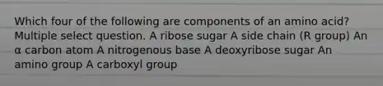 Which four of the following are components of an amino acid? Multiple select question. A ribose sugar A side chain (R group) An α carbon atom A nitrogenous base A deoxyribose sugar An amino group A carboxyl group