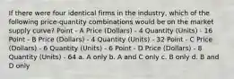 If there were four identical firms in the industry, which of the following price-quantity combinations would be on the market supply curve? Point - A Price (Dollars) - 4 Quantity (Units) - 16 Point - B Price (Dollars) - 4 Quantity (Units) - 32 Point - C Price (Dollars) - 6 Quantity (Units) - 6 Point - D Price (Dollars) - 8 Quantity (Units) - 64 a. A only b. A and C only c. B only d. B and D only