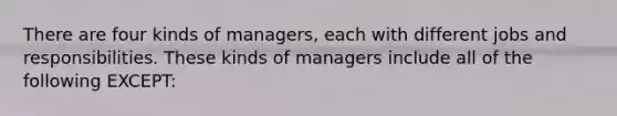 There are four kinds of managers, each with different jobs and responsibilities. These kinds of managers include all of the following EXCEPT: