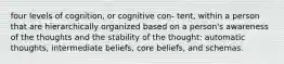 four levels of cognition, or cognitive con- tent, within a person that are hierarchically organized based on a person's awareness of the thoughts and the stability of the thought: automatic thoughts, intermediate beliefs, core beliefs, and schemas.