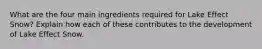 What are the four main ingredients required for Lake Effect Snow? Explain how each of these contributes to the development of Lake Effect Snow.