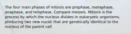 The four main phases of mitosis are prophase, metaphase, anaphase, and telophase. Compare meiosis. Mitosis is the process by which the nucleus divides in eukaryotic organisms, producing two new nuclei that are genetically identical to the nucleus of the parent cell