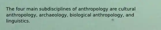 The four main subdisciplines of anthropology are cultural anthropology, archaeology, biological anthropology, and linguistics.