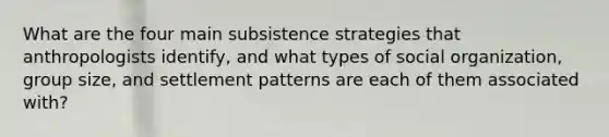 What are the four main subsistence strategies that anthropologists identify, and what types of social organization, group size, and settlement patterns are each of them associated with?