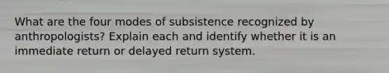 What are the four modes of subsistence recognized by anthropologists? Explain each and identify whether it is an immediate return or delayed return system.