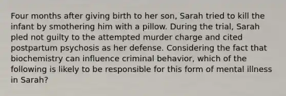 Four months after giving birth to her son, Sarah tried to kill the infant by smothering him with a pillow. During the trial, Sarah pled not guilty to the attempted murder charge and cited postpartum psychosis as her defense. Considering the fact that biochemistry can influence criminal behavior, which of the following is likely to be responsible for this form of mental illness in Sarah?