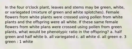 In the four o'clock plant, leaves and stems may be green, white, or variegated (mixture of green and white splotches). Female flowers from white plants were crossed using pollen from white plants and the offspring were all white. If these same female flowers from white plans were crossed using pollen from green plants, what would be phenotypic ratio in the offspring? a. half green and half white b. all variegated c. all white d. all green e. 3 green : 1 white