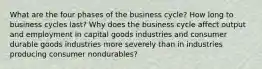 What are the four phases of the business cycle? How long to business cycles last? Why does the business cycle affect output and employment in capital goods industries and consumer durable goods industries more severely than in industries producing consumer nondurables?