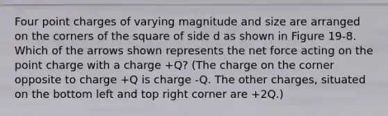 Four point charges of varying magnitude and size are arranged on the corners of the square of side d as shown in Figure 19-8. Which of the arrows shown represents the net force acting on the point charge with a charge +Q? (The charge on the corner opposite to charge +Q is charge -Q. The other charges, situated on the bottom left and top right corner are +2Q.)