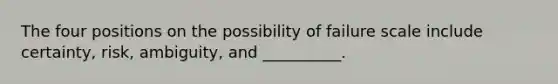 The four positions on the possibility of failure scale include certainty, risk, ambiguity, and __________.