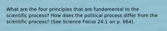 What are the four principles that are fundamental to the scientific process? How does the political process differ from the scientific process? (See Science Focus 24.1 on p. 664).