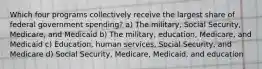 Which four programs collectively receive the largest share of federal government spending? a) The military, Social Security, Medicare, and Medicaid b) The military, education, Medicare, and Medicaid c) Education, human services, Social Security, and Medicare d) Social Security, Medicare, Medicaid, and education