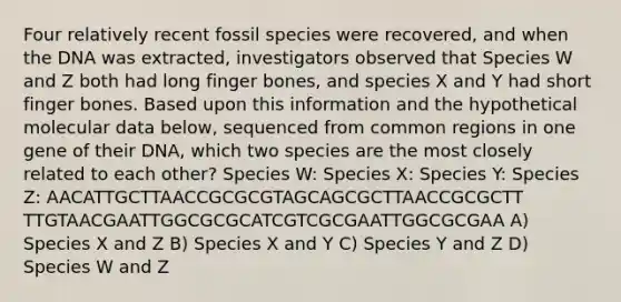 Four relatively recent fossil species were recovered, and when the DNA was extracted, investigators observed that Species W and Z both had long finger bones, and species X and Y had short finger bones. Based upon this information and the hypothetical molecular data below, sequenced from common regions in one gene of their DNA, which two species are the most closely related to each other? Species W: ​Species X: ​Species Y: ​Species Z: AACATTGCTT​AACCGCGCGT​AGCAGCGCTT​AACCGCGCTT TTGTAACGAA​TTGGCGCGCA​TCGTCGCGAA​TTGGCGCGAA A) Species X and Z B) Species X and Y C) Species Y and Z D) Species W and Z