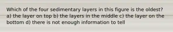 Which of the four sedimentary layers in this figure is the oldest? a) the layer on top b) the layers in the middle c) the layer on the bottom d) there is not enough information to tell