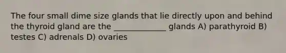 The four small dime size glands that lie directly upon and behind the thyroid gland are the _____________ glands A) parathyroid B) testes C) adrenals D) ovaries