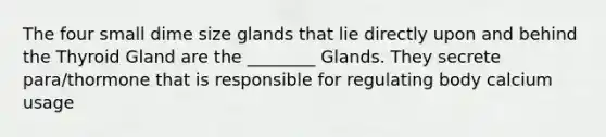 The four small dime size glands that lie directly upon and behind the Thyroid Gland are the ________ Glands. They secrete para/thormone that is responsible for regulating body calcium usage