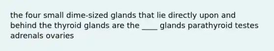 the four small dime-sized glands that lie directly upon and behind the thyroid glands are the ____ glands parathyroid testes adrenals ovaries