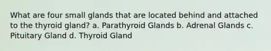 What are four small glands that are located behind and attached to the thyroid gland? a. Parathyroid Glands b. Adrenal Glands c. Pituitary Gland d. Thyroid Gland