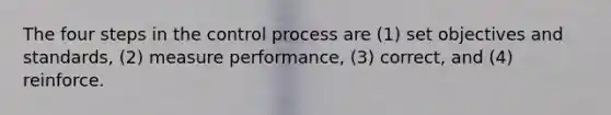 The four steps in the control process are (1) set objectives and standards, (2) measure performance, (3) correct, and (4) reinforce.