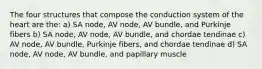 The four structures that compose the conduction system of the heart are the: a) SA node, AV node, AV bundle, and Purkinje fibers b) SA node, AV node, AV bundle, and chordae tendinae c) AV node, AV bundle, Purkinje fibers, and chordae tendinae d) SA node, AV node, AV bundle, and papillary muscle