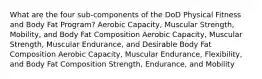 What are the four sub-components of the DoD Physical Fitness and Body Fat Program? Aerobic Capacity, Muscular Strength, Mobility, and Body Fat Composition Aerobic Capacity, Muscular Strength, Muscular Endurance, and Desirable Body Fat Composition Aerobic Capacity, Muscular Endurance, Flexibility, and Body Fat Composition Strength, Endurance, and Mobility