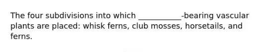 The four subdivisions into which ___________-bearing vascular plants are placed: whisk ferns, club mosses, horsetails, and ferns.