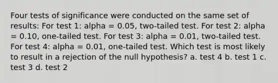 Four tests of significance were conducted on the same set of results: For test 1: alpha = 0.05, two-tailed test. For test 2: alpha = 0.10, one-tailed test. For test 3: alpha = 0.01, two-tailed test. For test 4: alpha = 0.01, one-tailed test. Which test is most likely to result in a rejection of the null hypothesis? a. test 4 b. test 1 c. test 3 d. test 2