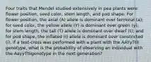 Four traits that Mendel studied extensively in pea plants were flower position, seed color, stem length, and pod shape. For flower position, the axial (A) allele is dominant over terminal (a); for seed color, the yellow allele (Y) is dominant over green (y); for stem length, the tall (T) allele is dominant over dwarf (t); and for pod shape, the inflated (I) allele is dominant over constricted (i). If a test-cross was performed with a plant with the AAYyTtII genotype, what is the probability of observing an individual with the AayyTtIigenotype in the next generation?