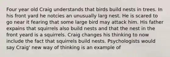 Four year old Craig understands that birds build nests in trees. In his front yard he notcies an unusually larg nest. He is scared to go near it fearing that some large bird may attack him. His father expains that squirrels also build nests and that the nest in the front yeard is a squirrels. Craig changes his thinking to now include the fact that squirrels build nests. Psychologists would say Craig' new way of thinking is an example of