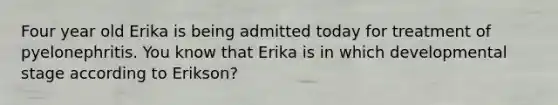 Four year old Erika is being admitted today for treatment of pyelonephritis. You know that Erika is in which developmental stage according to Erikson?