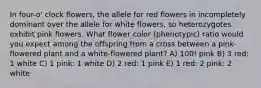 In four-o' clock flowers, the allele for red flowers in incompletely dominant over the allele for white flowers, so heterozygotes exhibit pink flowers. What flower color (phenotypic) ratio would you expect among the offspring from a cross between a pink-flowered plant and a white-flowered plant? A) 100! pink B) 3 red: 1 white C) 1 pink: 1 white D) 2 red: 1 pink E) 1 red: 2 pink: 2 white