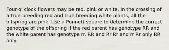 Four-o' clock flowers may be red, pink or white. In the crossing of a true-breeding red and true-breeding white plants, all the offspring are pink. Use a Punnett square to determine the correct genotype of the offspring if the red parent has genotype RR and the white parent has genotype rr. RR and Rr Rr and rr Rr only RR only