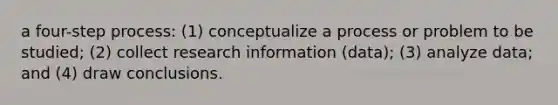 a four-step process: (1) conceptualize a process or problem to be studied; (2) collect research information (data); (3) analyze data; and (4) draw conclusions.