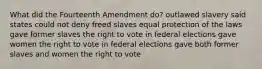 What did the Fourteenth Amendment do? outlawed slavery said states could not deny freed slaves equal protection of the laws gave former slaves the right to vote in federal elections gave women the right to vote in federal elections gave both former slaves and women the right to vote