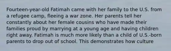 Fourteen-year-old Fatimah came with her family to the U.S. from a refugee camp, fleeing a war zone. Her parents tell her constantly about her female cousins who have made their families proud by marrying at a young age and having children right away. Fatimah is much more likely than a child of U.S.-born parents to drop out of school. This demonstrates how culture