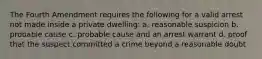 The Fourth Amendment requires the following for a valid arrest not made inside a private dwelling: a. reasonable suspicion b. probable cause c. probable cause and an arrest warrant d. proof that the suspect committed a crime beyond a reasonable doubt