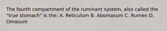 The fourth compartment of the ruminant system, also called the "true stomach" is the: A. Reticulum B. Abomasum C. Rumen D. Omasum