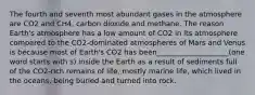 The fourth and seventh most abundant gases in the atmosphere are CO2 and CH4, carbon dioxide and methane. The reason Earth's atmosphere has a low amount of CO2 in its atmosphere compared to the CO2-dominated atmospheres of Mars and Venus is because most of Earth's CO2 has been____________________(one word starts with s) inside the Earth as a result of sediments full of the CO2-rich remains of life, mostly marine life, which lived in the oceans, being buried and turned into rock.