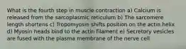 What is the fourth step in muscle contraction a) Calcium is released from the sarcoplasmic reticulum b) The sarcomere length shortens c) Tropomyosin shifts position on the actin helix d) Myosin heads bind to the actin filament e) Secretory vesicles are fused with the plasma membrane of the nerve cell