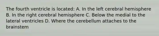 The fourth ventricle is located: A. In the left cerebral hemisphere B. In the right cerebral hemisphere C. Below the medial to the lateral ventricles D. Where the cerebellum attaches to the brainstem