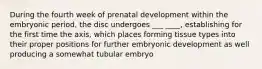 During the fourth week of prenatal development within the embryonic period, the disc undergoes ___ ____, establishing for the first time the axis, which places forming tissue types into their proper positions for further embryonic development as well producing a somewhat tubular embryo