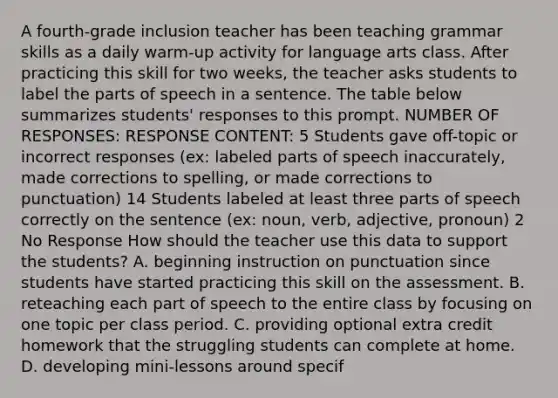 A fourth-grade inclusion teacher has been teaching grammar skills as a daily warm-up activity for language arts class. After practicing this skill for two weeks, the teacher asks students to label the parts of speech in a sentence. The table below summarizes students' responses to this prompt. NUMBER OF RESPONSES: RESPONSE CONTENT: 5 Students gave off-topic or incorrect responses (ex: labeled parts of speech inaccurately, made corrections to spelling, or made corrections to punctuation) 14 Students labeled at least three parts of speech correctly on the sentence (ex: noun, verb, adjective, pronoun) 2 No Response How should the teacher use this data to support the students? A. beginning instruction on punctuation since students have started practicing this skill on the assessment. B. reteaching each part of speech to the entire class by focusing on one topic per class period. C. providing optional extra credit homework that the struggling students can complete at home. D. developing mini-lessons around specif