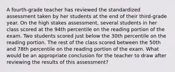 A fourth-grade teacher has reviewed the standardized assessment taken by her students at the end of their third-grade year. On the high stakes assessment, several students in her class scored at the 94th percentile on the reading portion of the exam. Two students scored just below the 30th percentile on the reading portion. The rest of the class scored between the 50th and 78th percentile on the reading portion of the exam. What would be an appropriate conclusion for the teacher to draw after reviewing the results of this assessment?