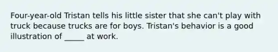 Four-year-old Tristan tells his little sister that she can't play with truck because trucks are for boys. Tristan's behavior is a good illustration of _____ at work.