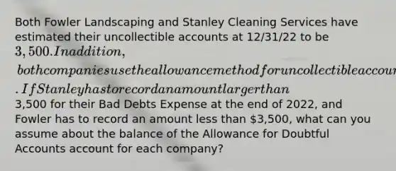 Both Fowler Landscaping and Stanley Cleaning Services have estimated their uncollectible accounts at 12/31/22 to be 3,500. In addition, both companies use the allowance method for uncollectible accounts. If Stanley has to record an amount larger than3,500 for their Bad Debts Expense at the end of 2022, and Fowler has to record an amount less than 3,500, what can you assume about the balance of the Allowance for Doubtful Accounts account for each company?