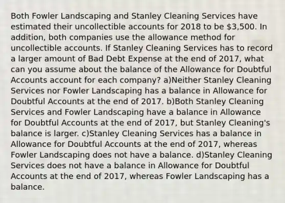 Both Fowler Landscaping and Stanley Cleaning Services have estimated their uncollectible accounts for 2018 to be 3,500. In addition, both companies use the allowance method for uncollectible accounts. If Stanley Cleaning Services has to record a larger amount of Bad Debt Expense at the end of 2017, what can you assume about the balance of the Allowance for Doubtful Accounts account for each company? a)Neither Stanley Cleaning Services nor Fowler Landscaping has a balance in Allowance for Doubtful Accounts at the end of 2017. b)Both Stanley Cleaning Services and Fowler Landscaping have a balance in Allowance for Doubtful Accounts at the end of 2017, but Stanley Cleaning's balance is larger. c)Stanley Cleaning Services has a balance in Allowance for Doubtful Accounts at the end of 2017, whereas Fowler Landscaping does not have a balance. d)Stanley Cleaning Services does not have a balance in Allowance for Doubtful Accounts at the end of 2017, whereas Fowler Landscaping has a balance.