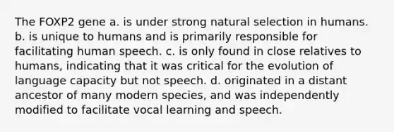The FOXP2 gene a. is under strong natural selection in humans. b. is unique to humans and is primarily responsible for facilitating human speech. c. is only found in close relatives to humans, indicating that it was critical for the evolution of language capacity but not speech. d. originated in a distant ancestor of many modern species, and was independently modified to facilitate vocal learning and speech.