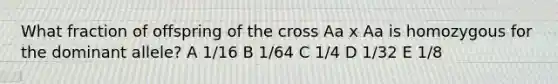 What fraction of offspring of the cross Aa x Aa is homozygous for the dominant allele? A 1/16 B 1/64 C 1/4 D 1/32 E 1/8